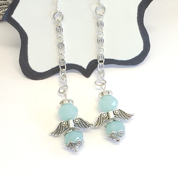 Handmade Frosted Blue Crystal Angel & Silver Chain Dangle Earrings - Picture 8 of 10